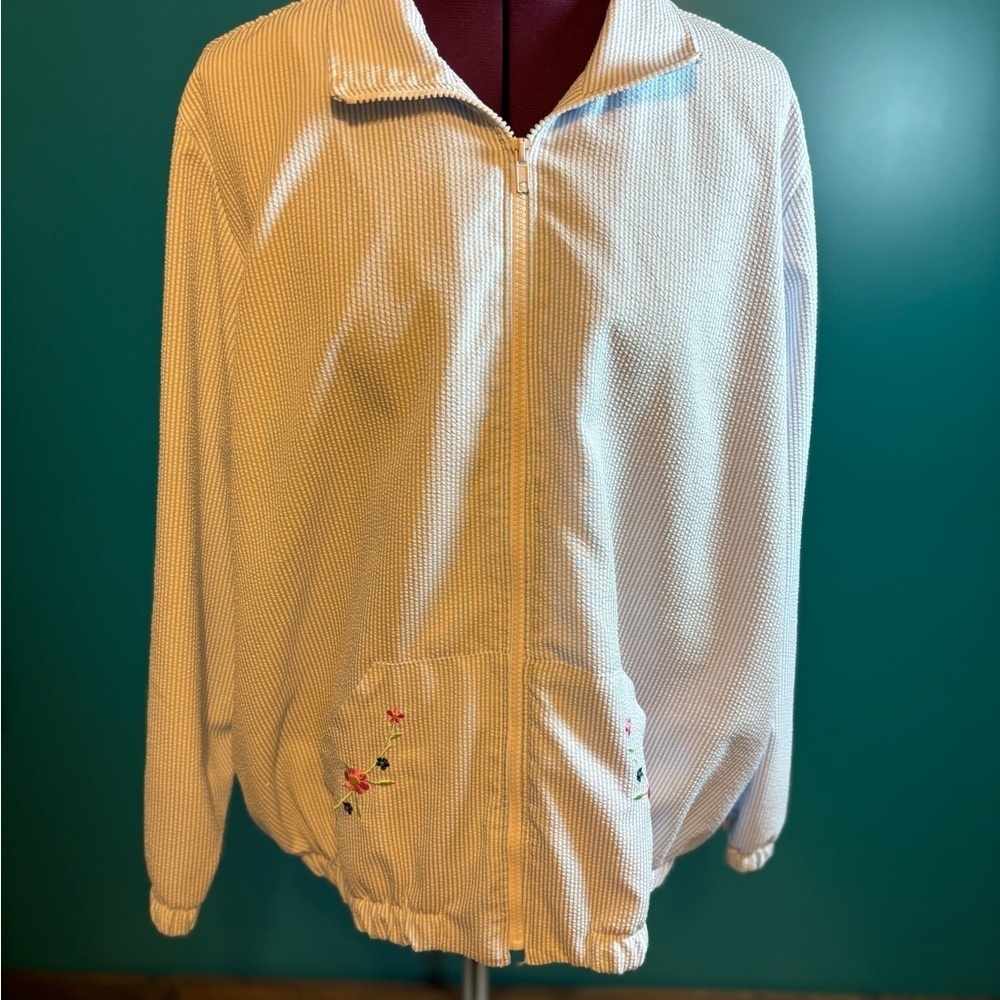 Blair Blue and White Striped Shirt Jacket with Floral Embroider